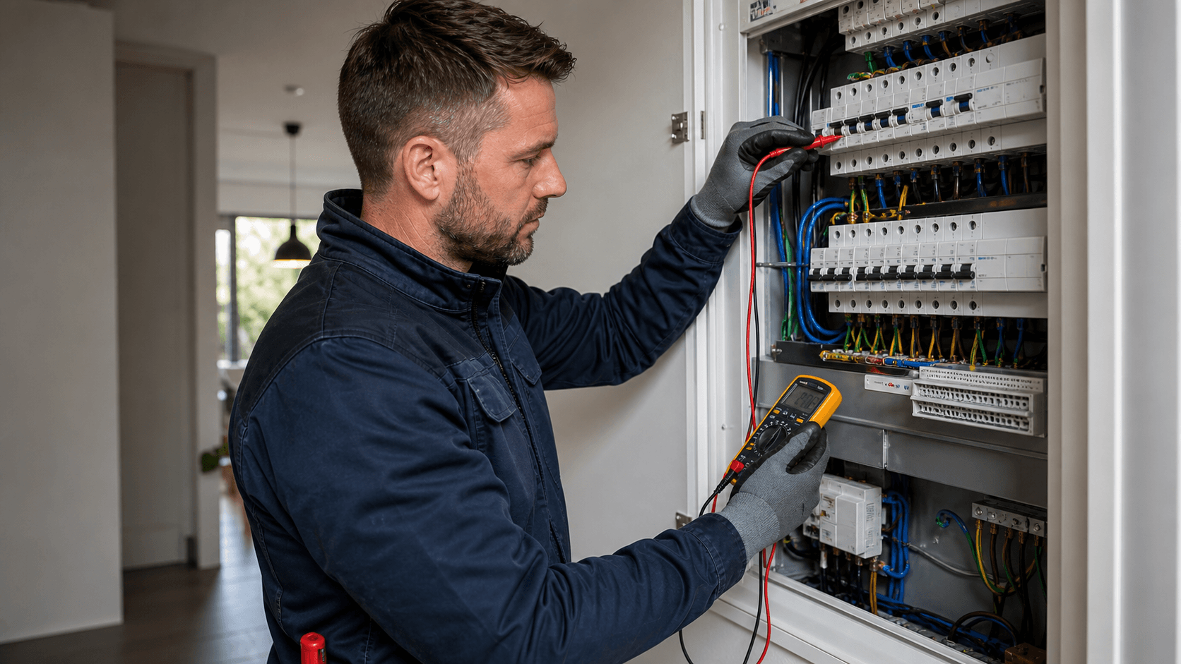 Elektricien meet een groepenkast door na een stroomstoring